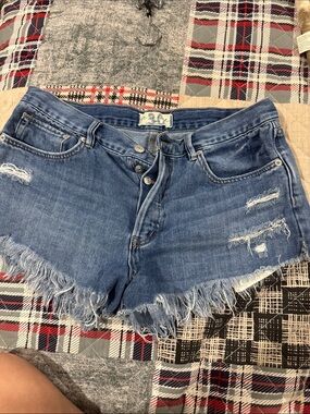 We The Free Blue Distressed Frayed Hem Denim Shorts